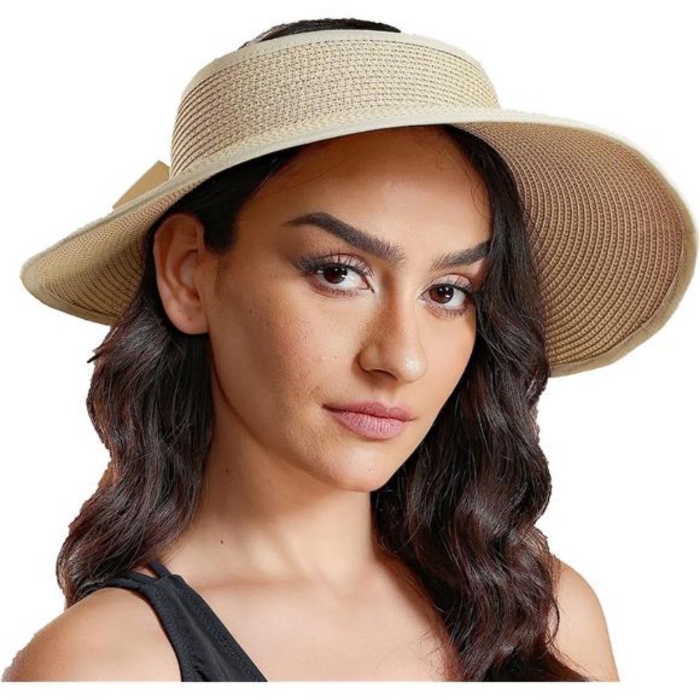 New‎ Sun Visor Hats for Wome  Summer Ponytail Foldable Straw Beach Hat UPF 50+